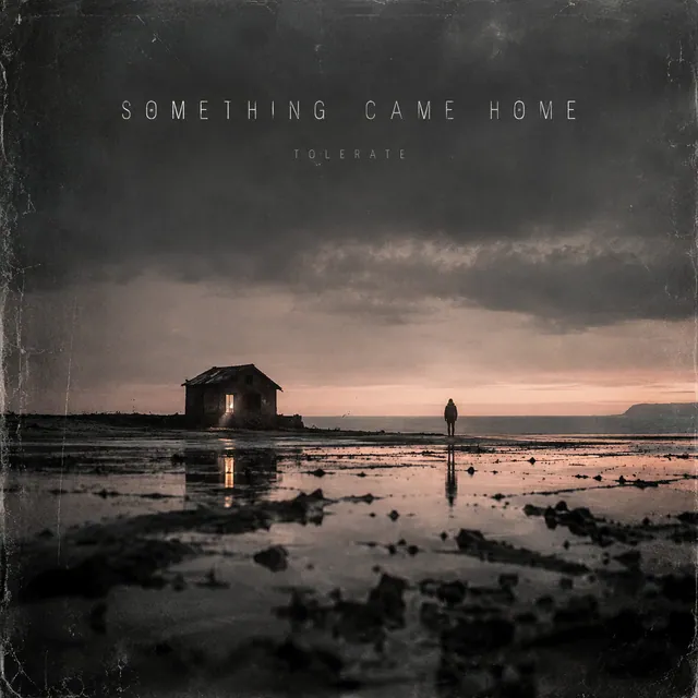 Tolerate album cover: a lone house with one lit window on a tidal flat under storm clouds, a figure standing near the water.
